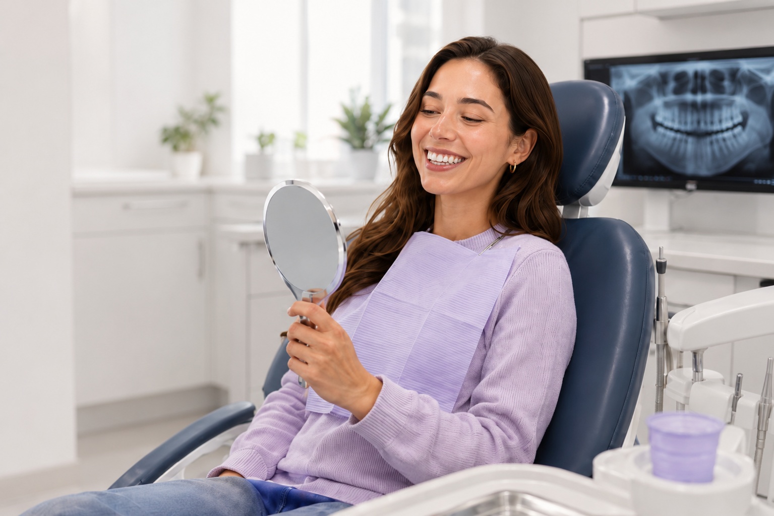 Smiling dental patient holding a hand mirror in a dental chair